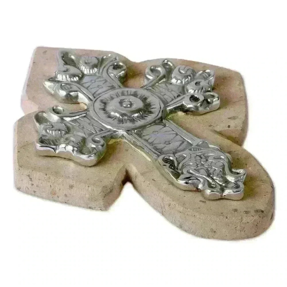 Handmade Baroque-Inspired Pewter and Reclaimed Stone Wall Cross - Baroque Faith - Picture 2 of 3